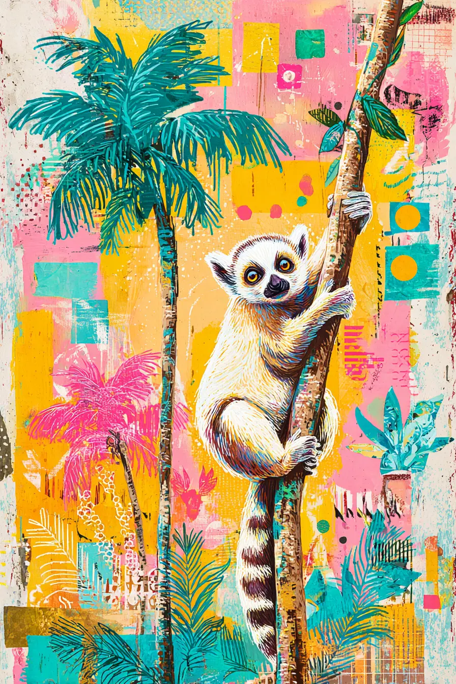 Cartoon lemur hanging from a palm tree branch