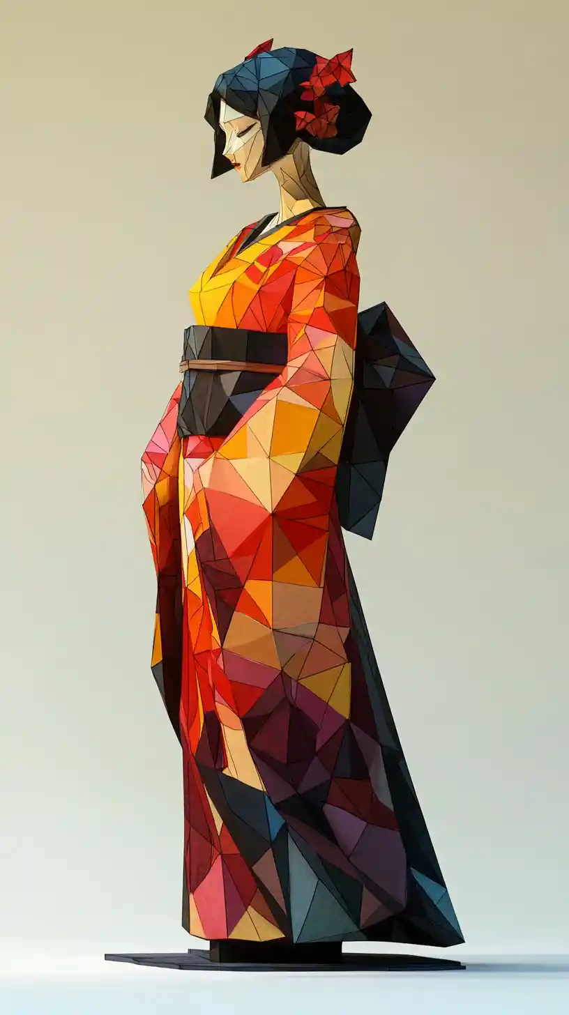 Origami style geisha in angular kimono three quarter view