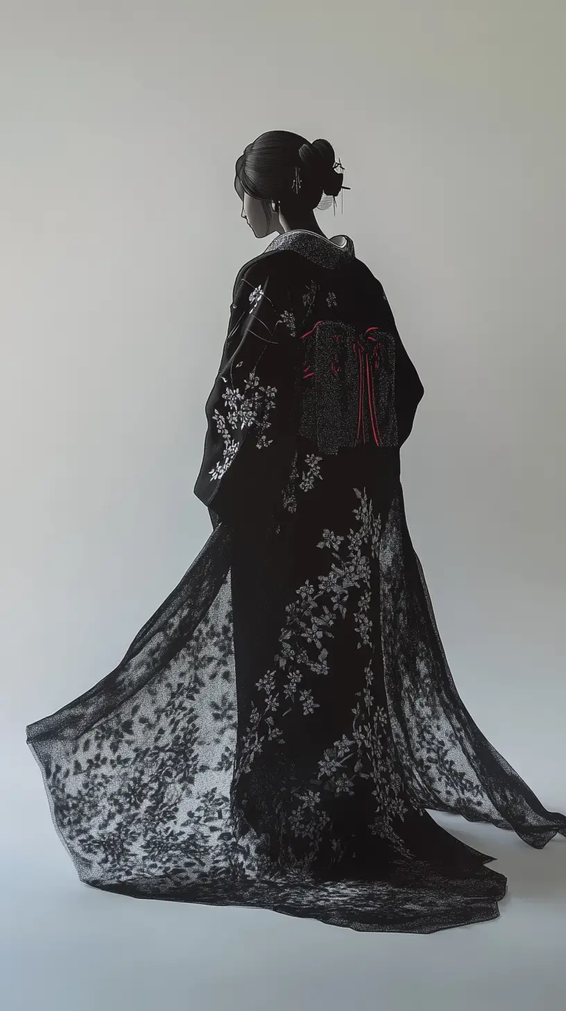 Solitary figure in kimono standing in swirling mist