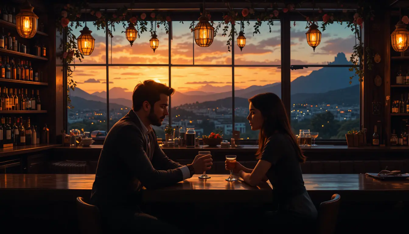 Lumière romantique de l’aube remplissant l’intérieur d’un bar intime et silencieux