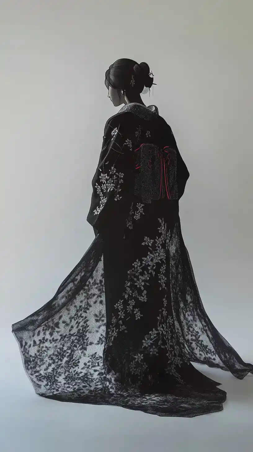 Solitary figure in kimono standing in swirling mist