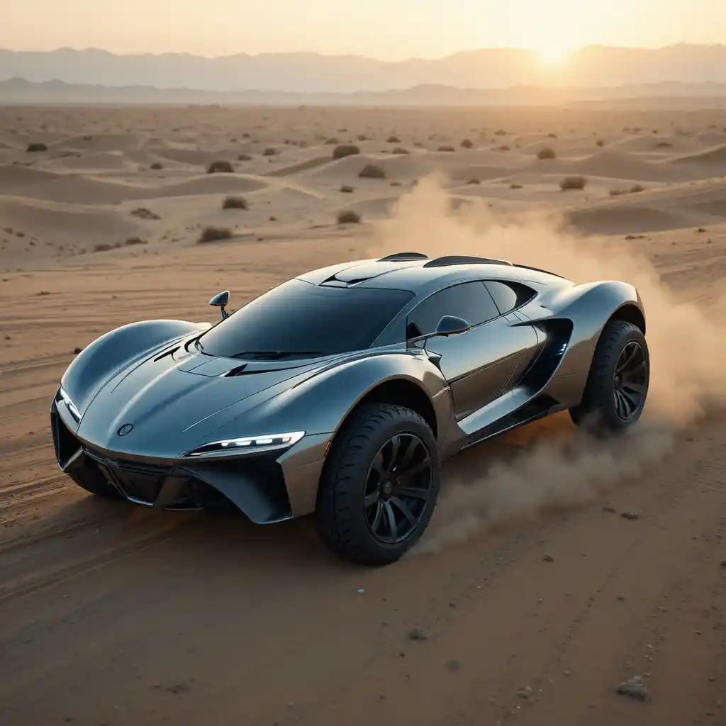 Futuristic concept car overlooking a vast cinematic desert