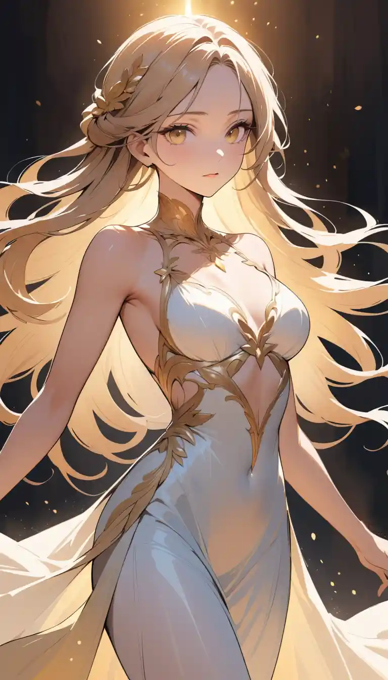 Angelic woman in flowing white and gold silk dress