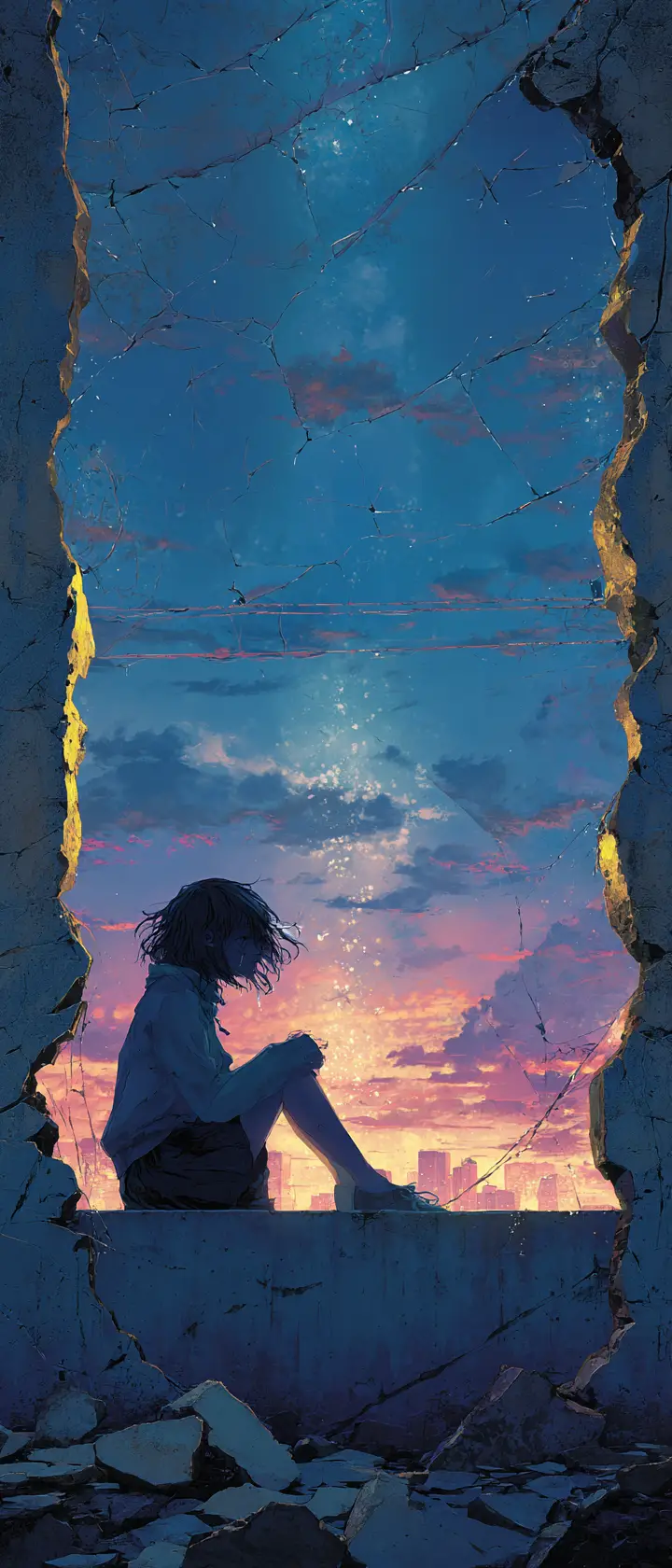 Anime girl on concrete ledge in rainy twilight collage