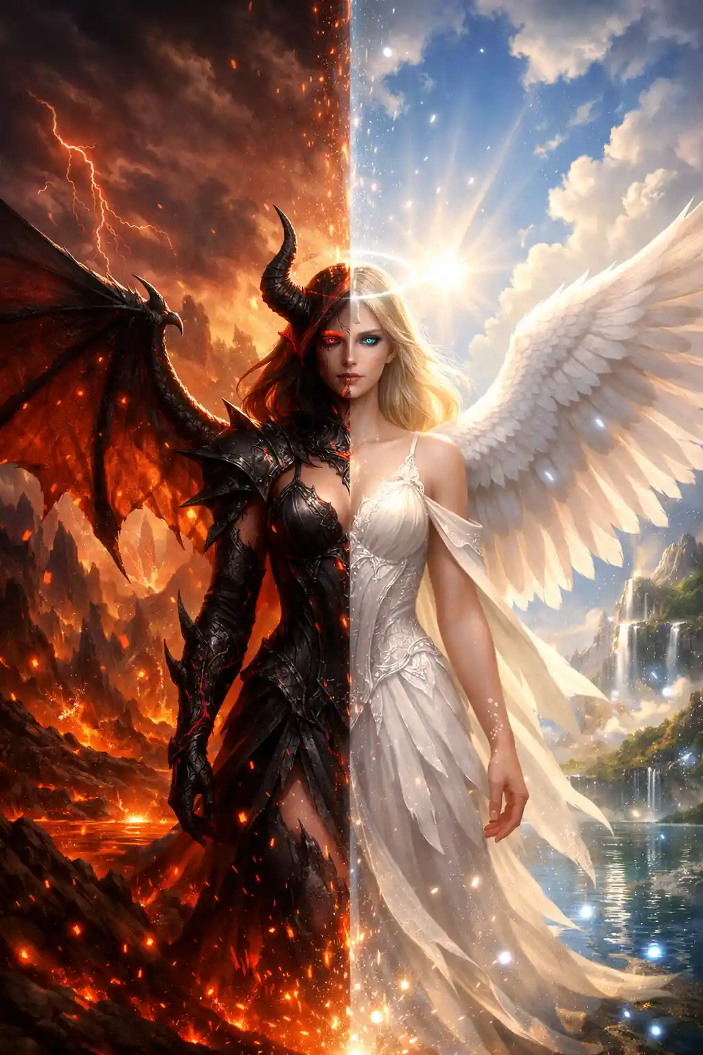 Angel and demon hybrid in a surreal split fantasy world