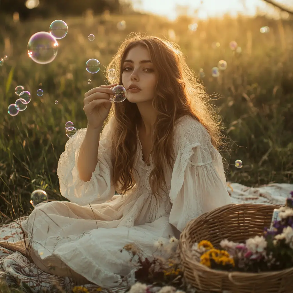 Woman in white dress blowing bubbles at sunset picnic