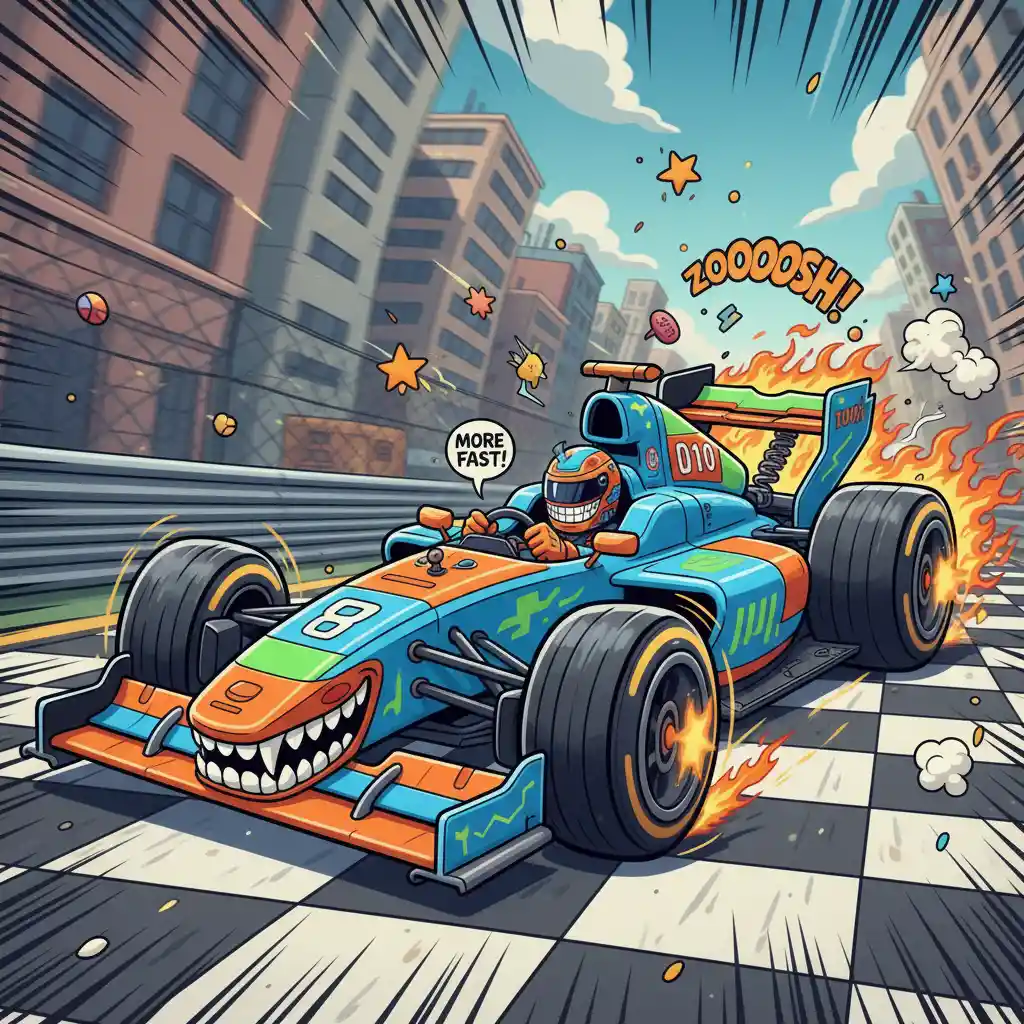Voiture de course de formule cartoon avec vitesse et mouvement exagérés