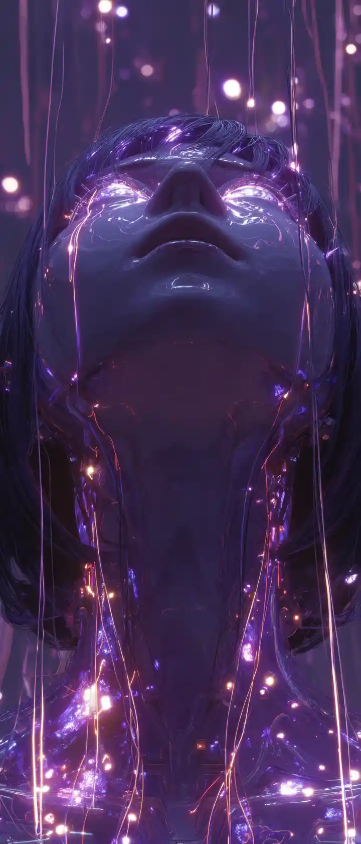 Ethereal anime spirit dissolving into chrome wires in void