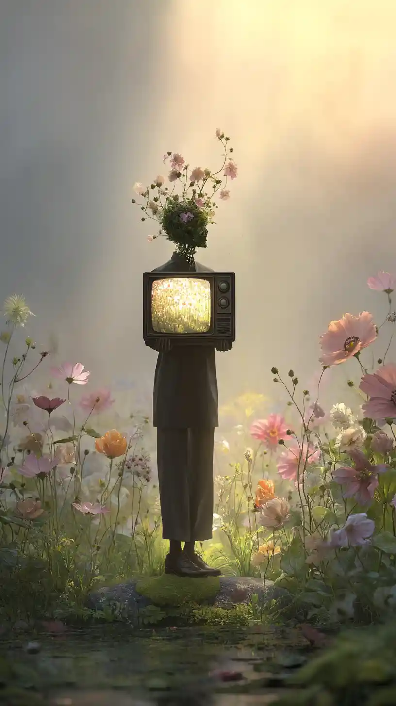 Figura androgina con fiori ai margini del prato