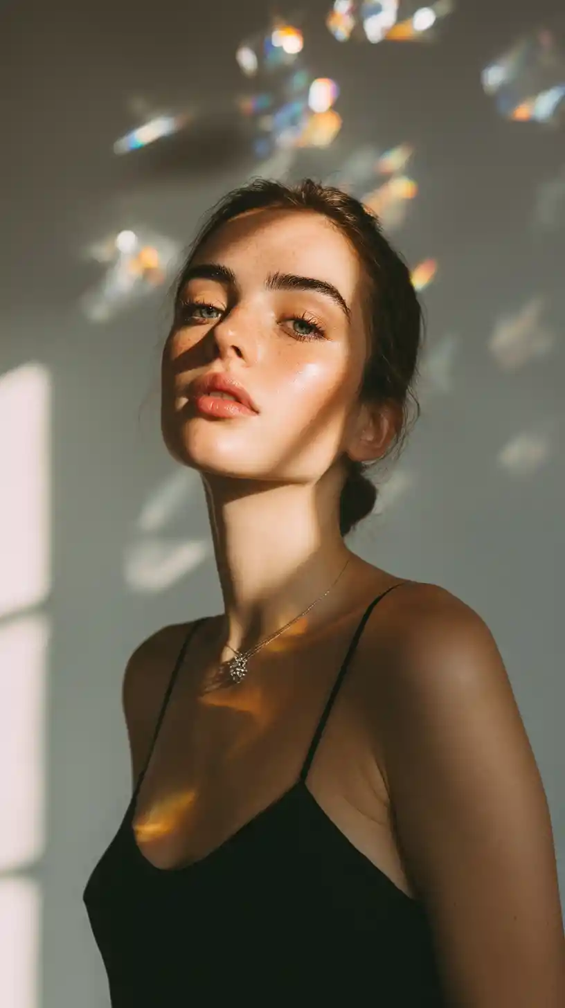 Confident woman in black silk top with prism light