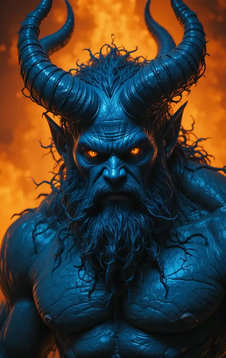 Muscular horned demon in blue against blazing fiery background
