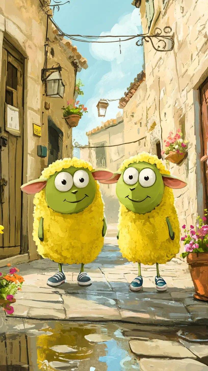 Colorful Sheep Walking In A Sunny European Alley