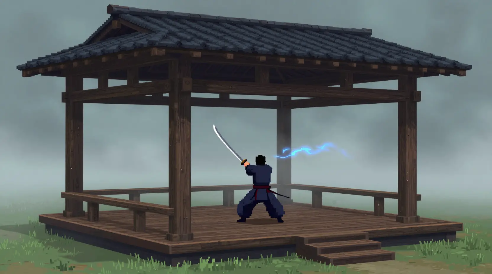 Guerriero che si allena con la katana in un padiglione di legno avvolto nella nebbia