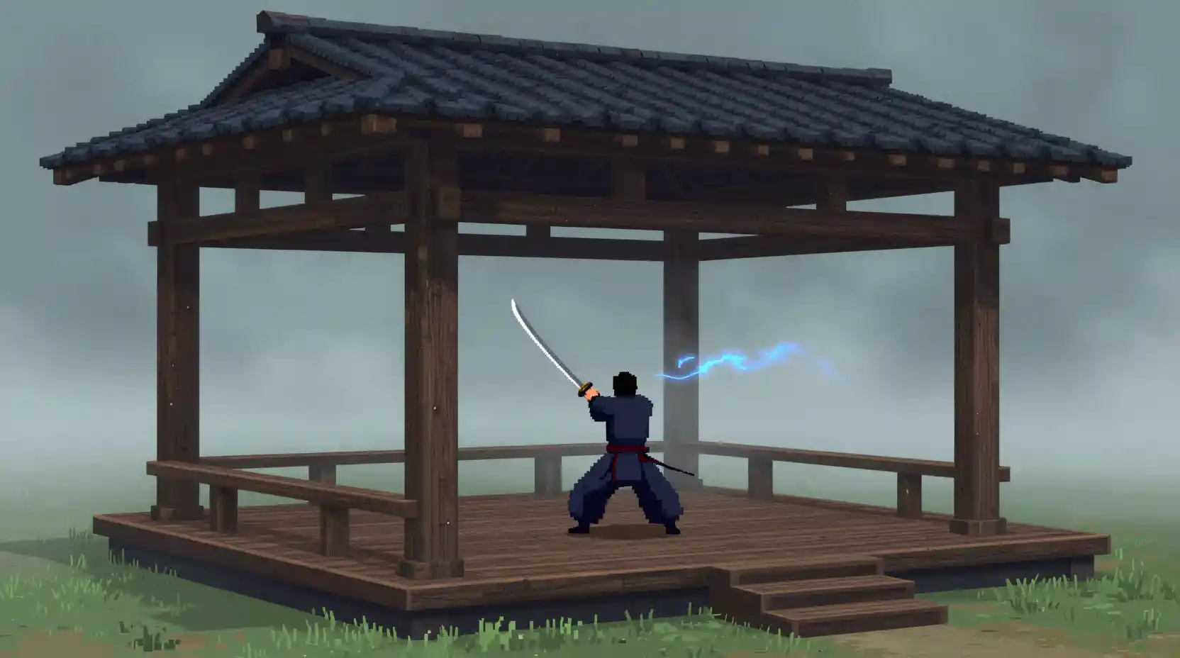 Warrior training with katana in misty wooden pavilion
