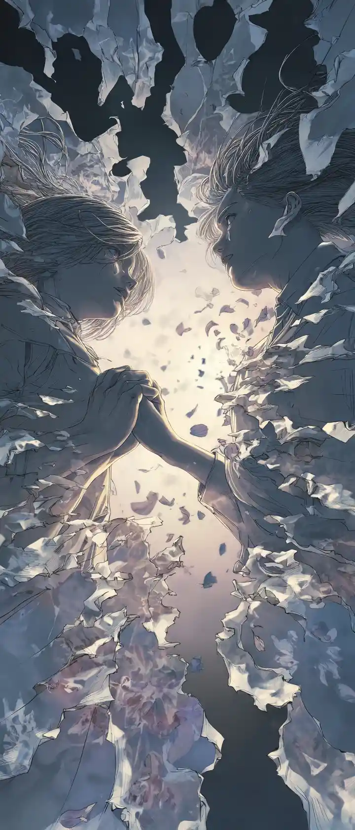 Translucent lovers hands reaching across torn paper chasm