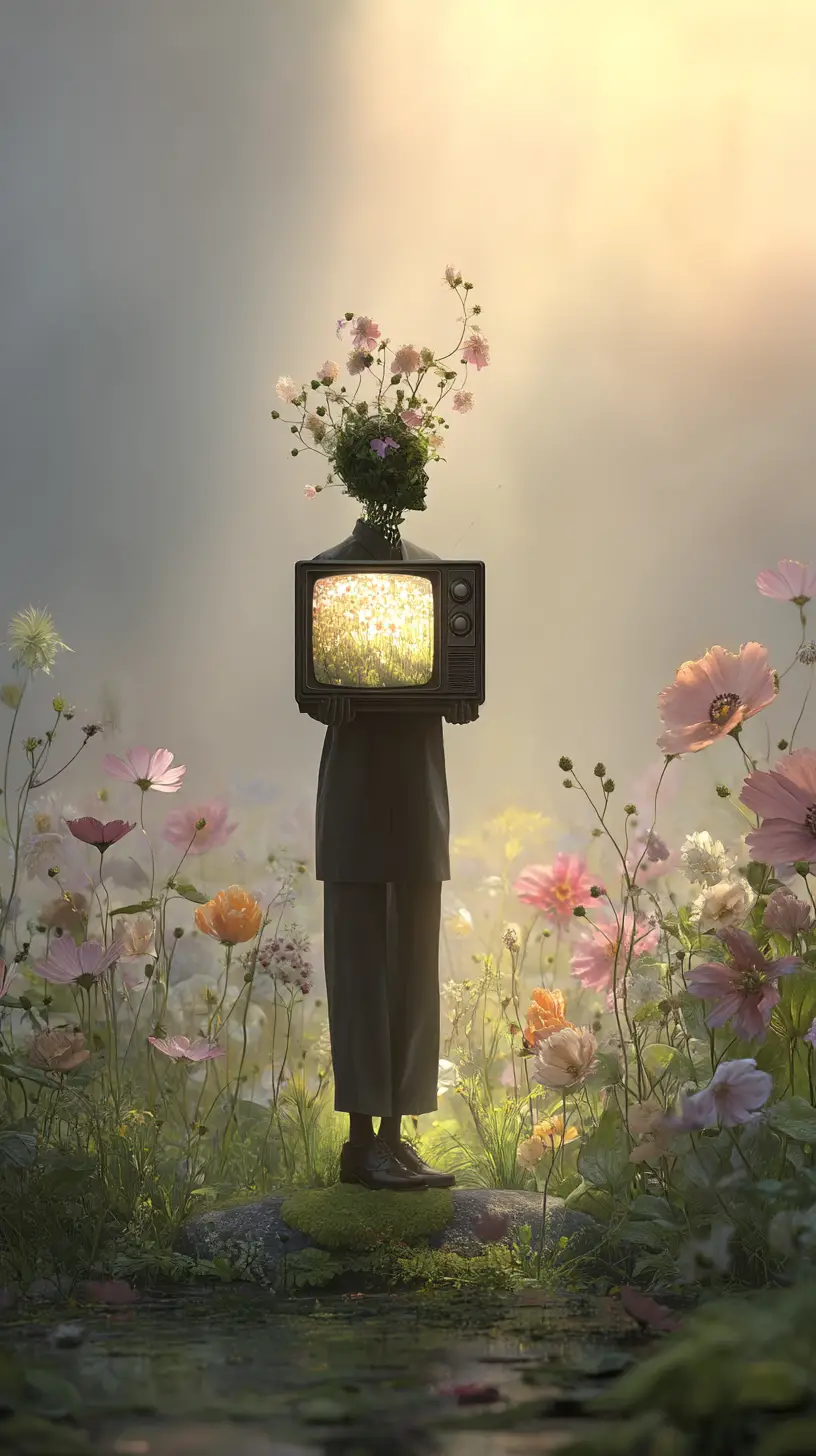 Androgynous figure with flowers at the edge of meadow