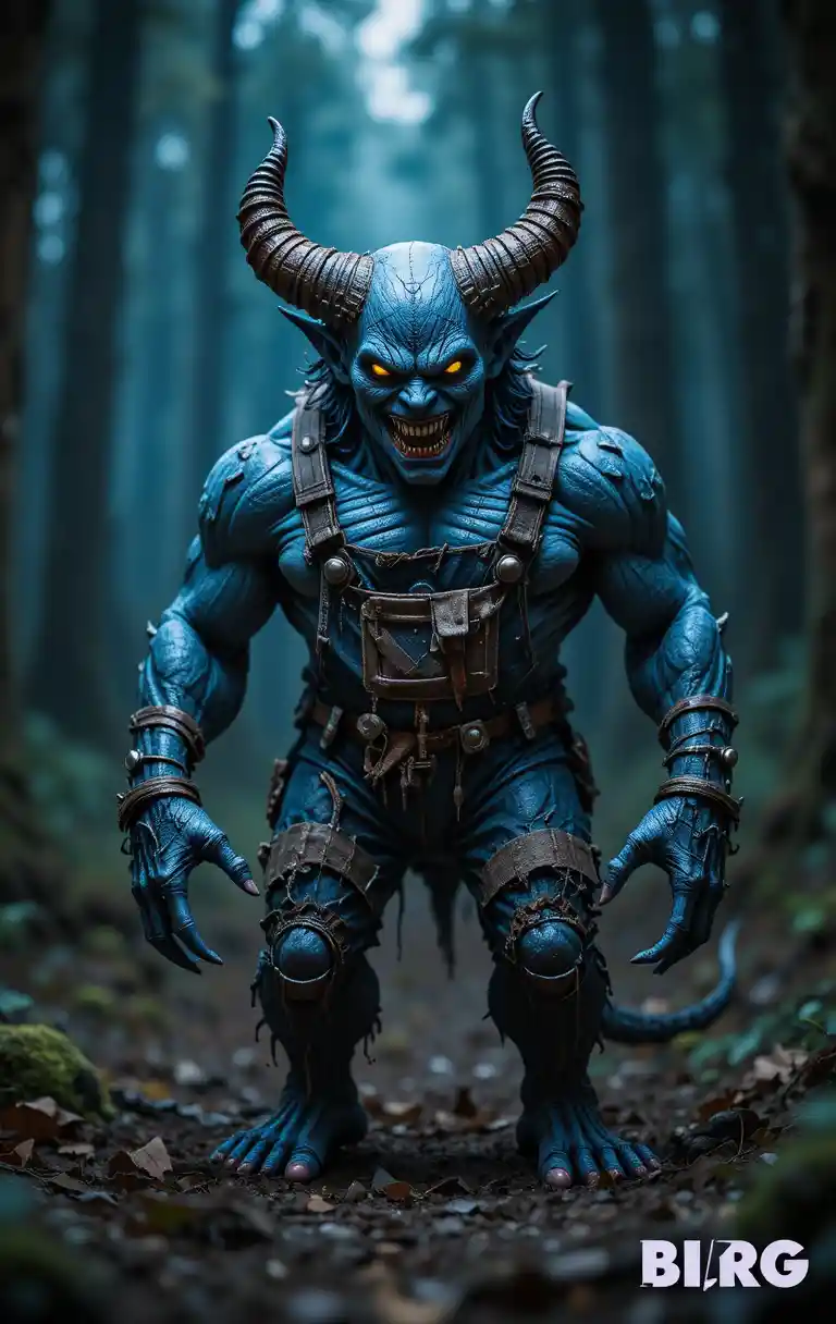 Blue demon in tattered overalls stalking a dark forest