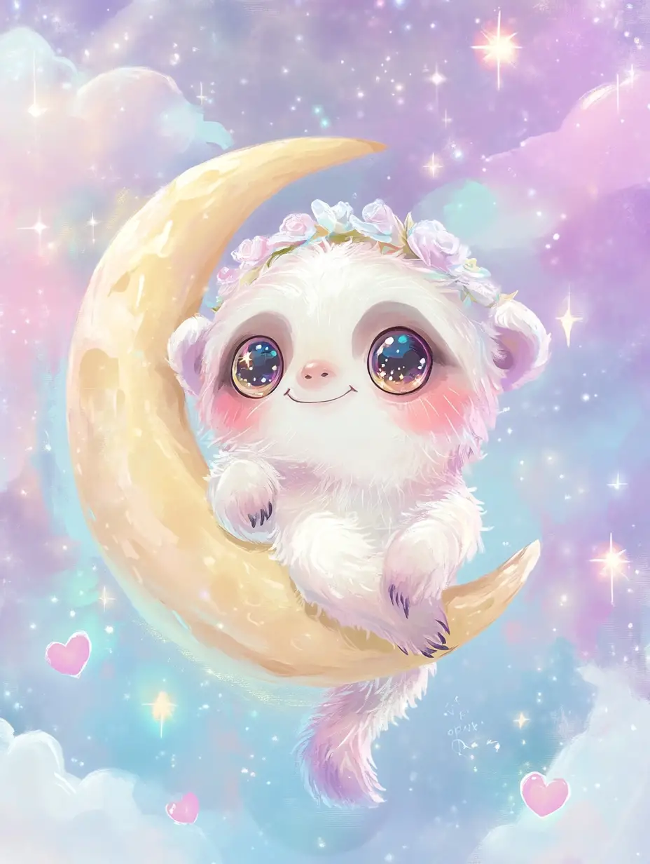 Chibi baby sloth hugging a star on crescent moon