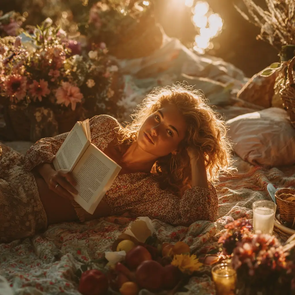 Young woman reading on a sunlit picnic blanket