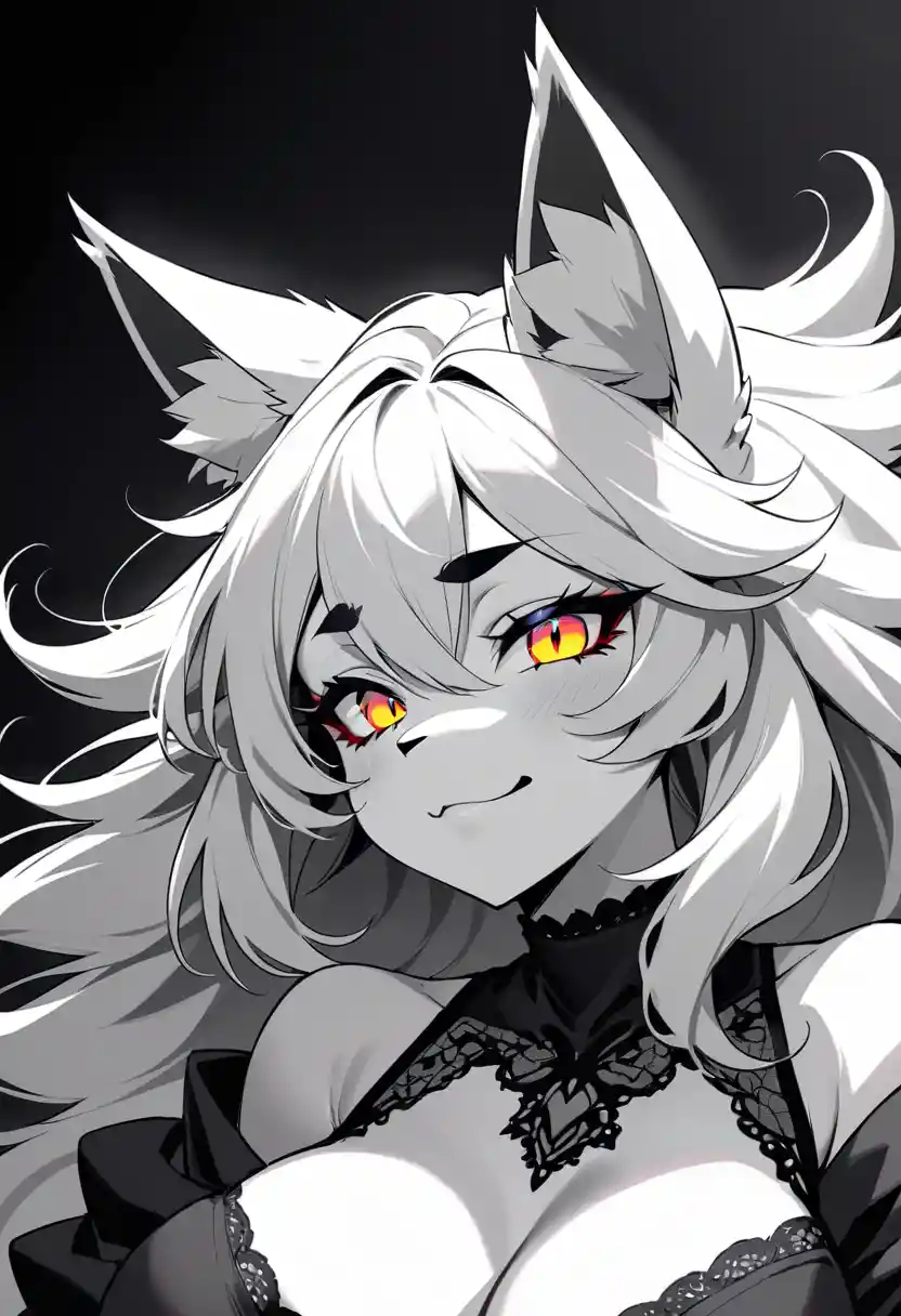 Monochrome gothische Fuchsfrau mit goldenen Augen in Nahaufnahme