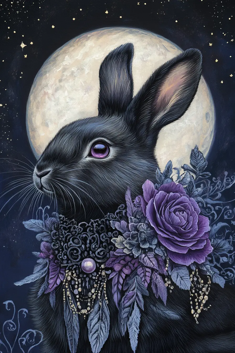 Ritratto di coniglio nero sotto una luminosa luna piena