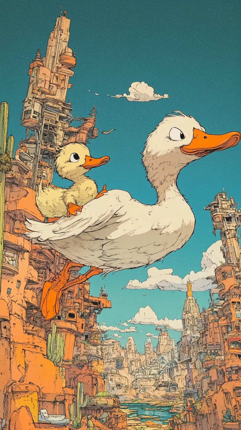 Duck and duckling leaping in a surreal desert garden
