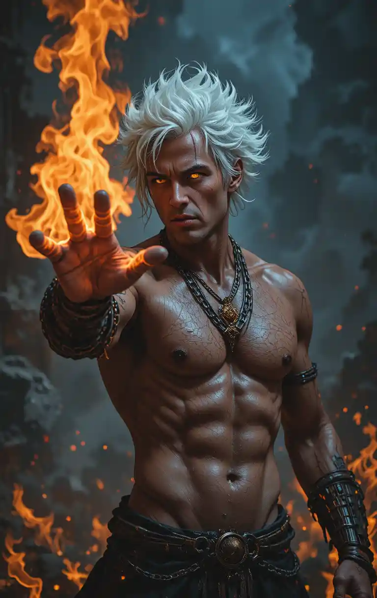 Shirtless fire wielder with chains in blazing inferno