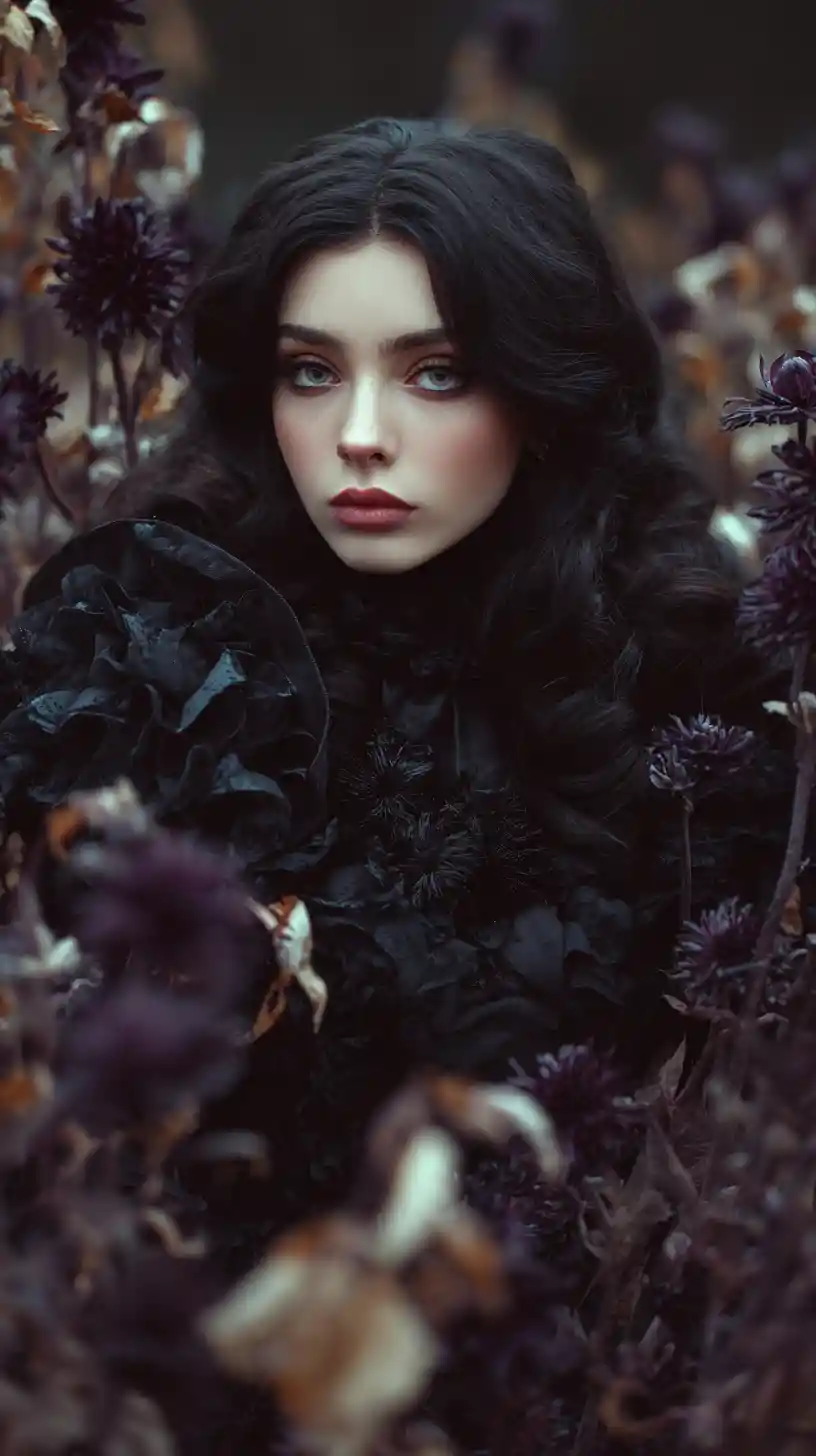 Melancholic black clad woman in a gothic flower field
