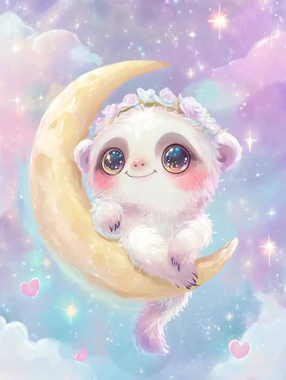 Chibi baby sloth hugging a star on crescent moon