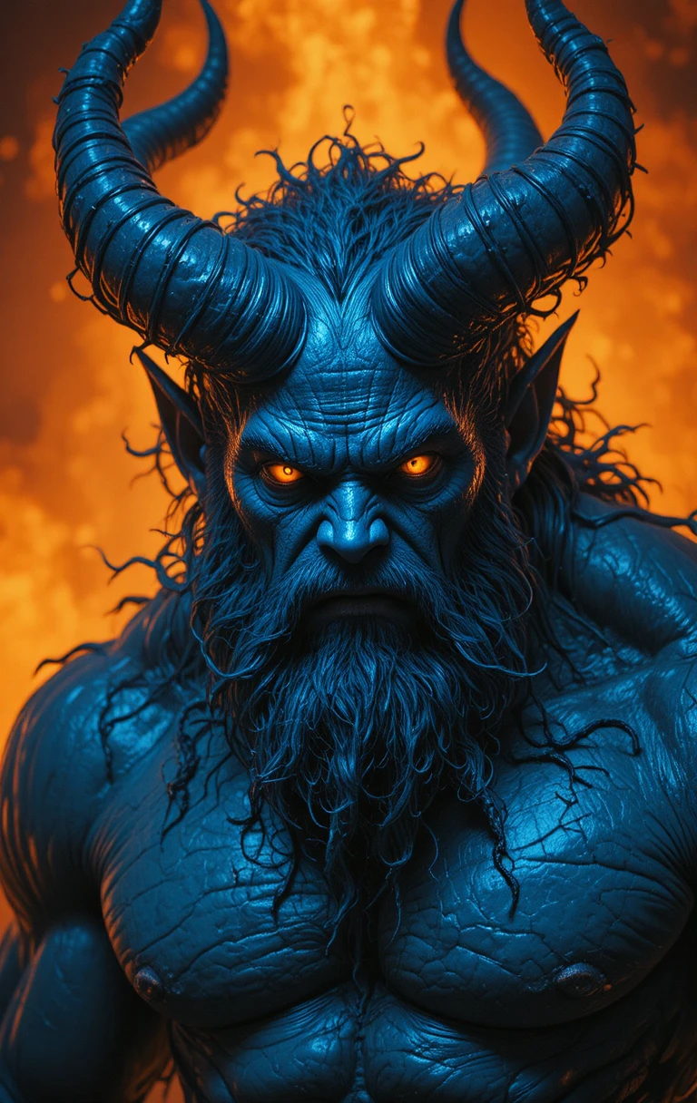 Muscular horned demon in blue against blazing fiery background