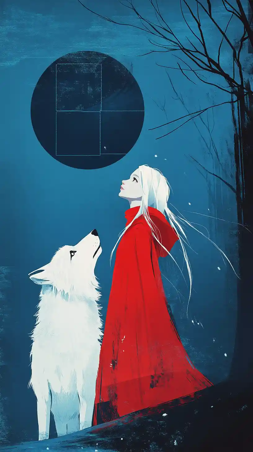 Anime girl with white wolf under abstract blue moon