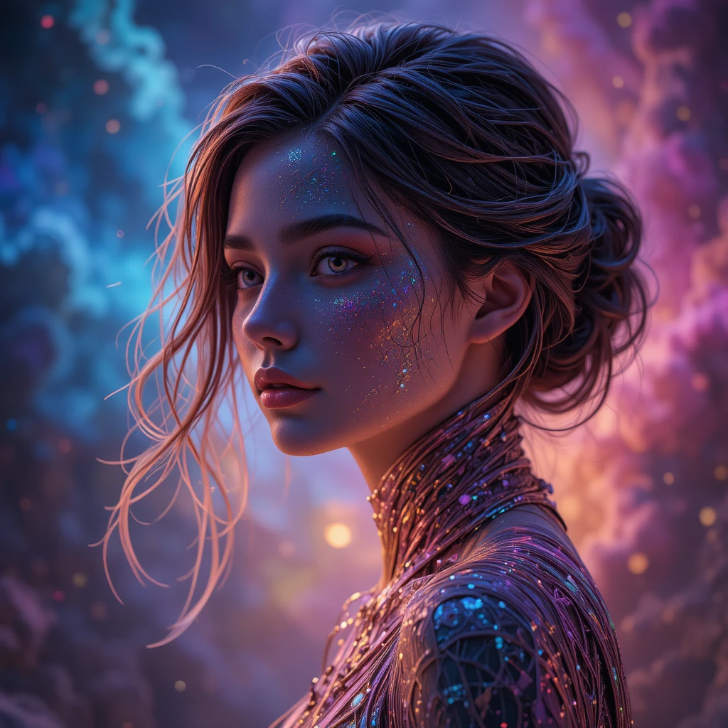 Ragazza incorniciata da vortici di colori cosmici e morbidi gradienti