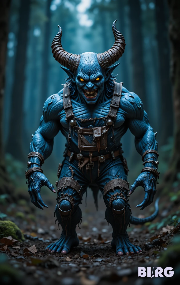 Blue demon in tattered overalls stalking a dark forest