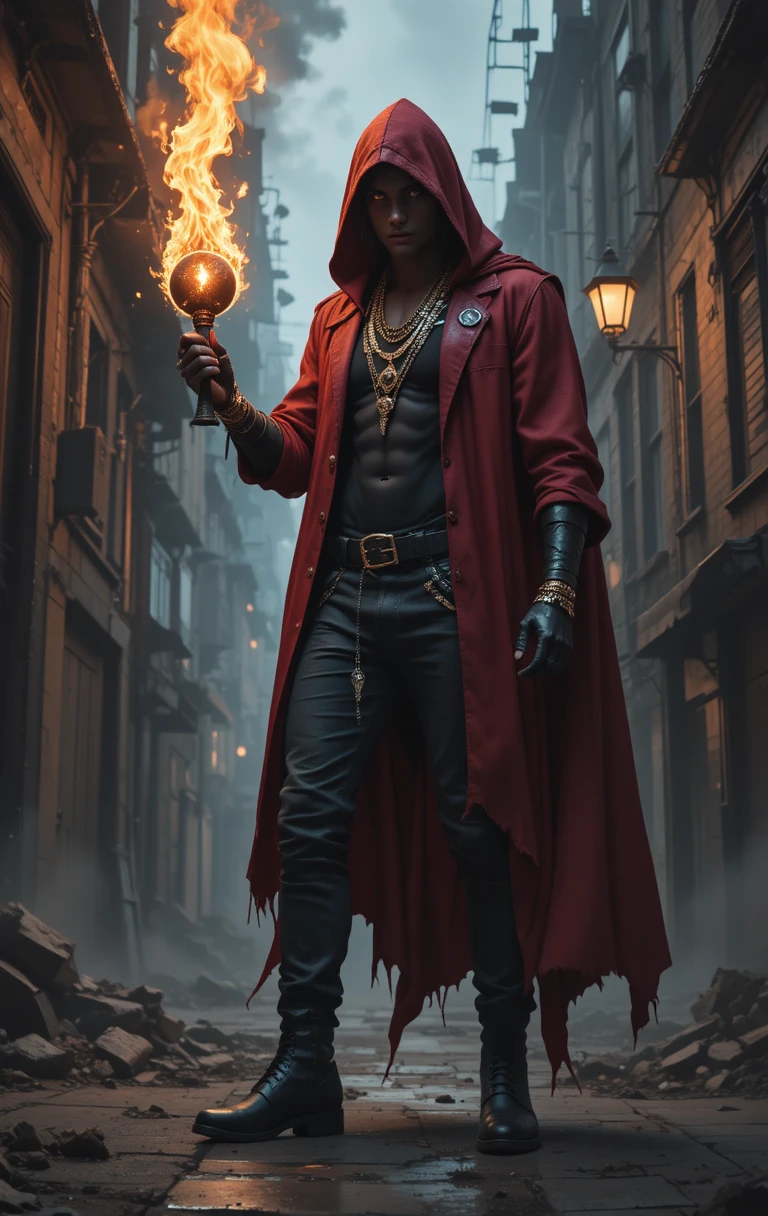 Hooded mage with fiery orb in a ruined city alley