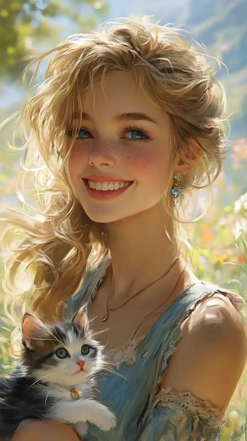 Smiling young woman with kitten in a spring meadow