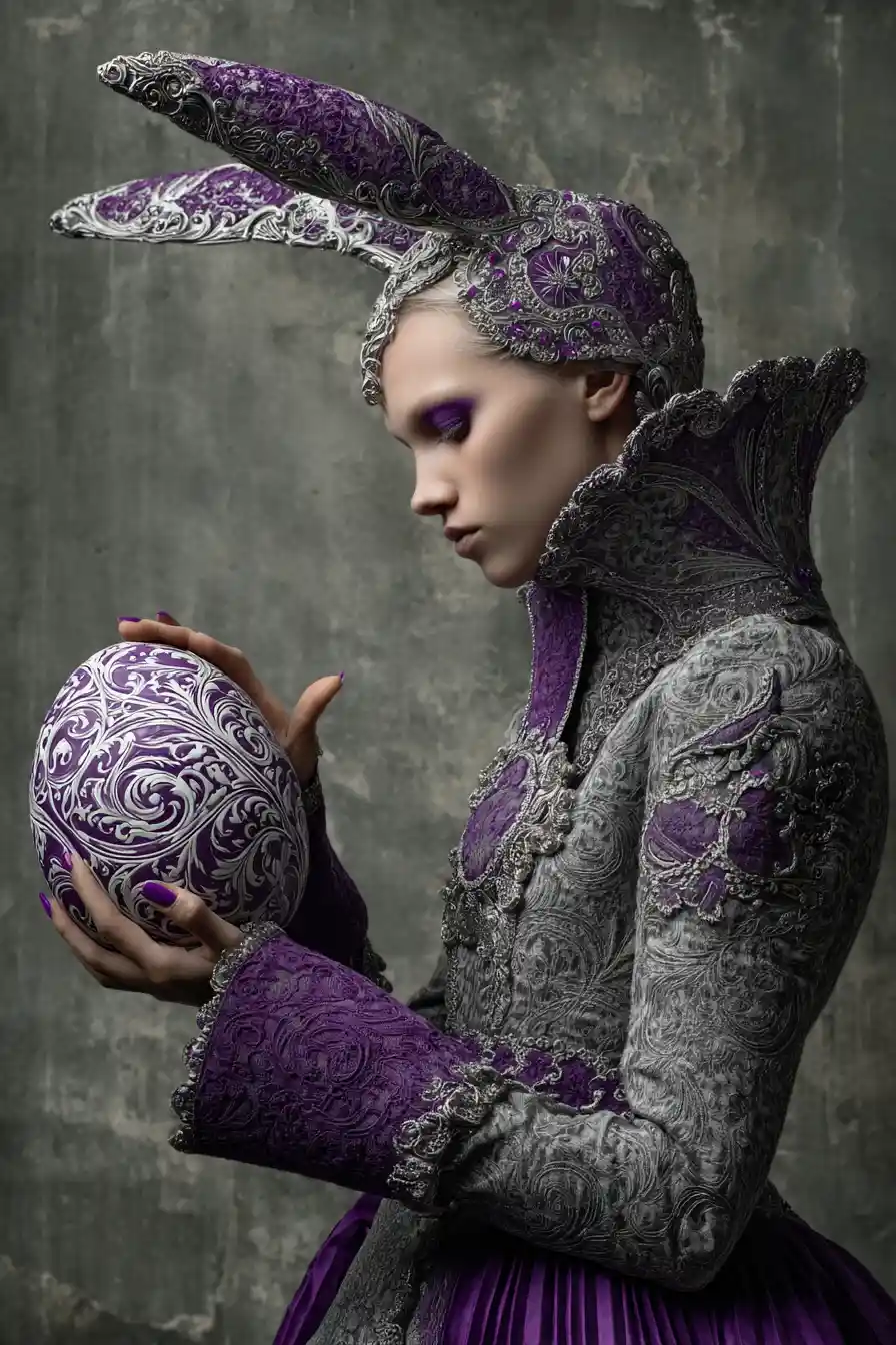 Mujer fantástica con orejas de conejo sosteniendo huevo violeta ornamentado