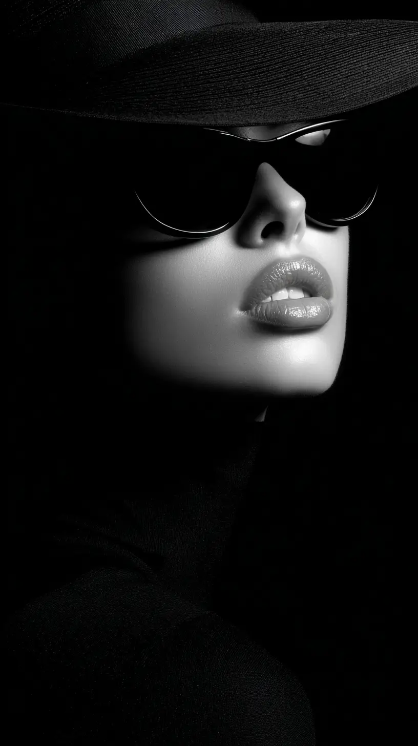 Black and white close up of woman in sunglasses and hat