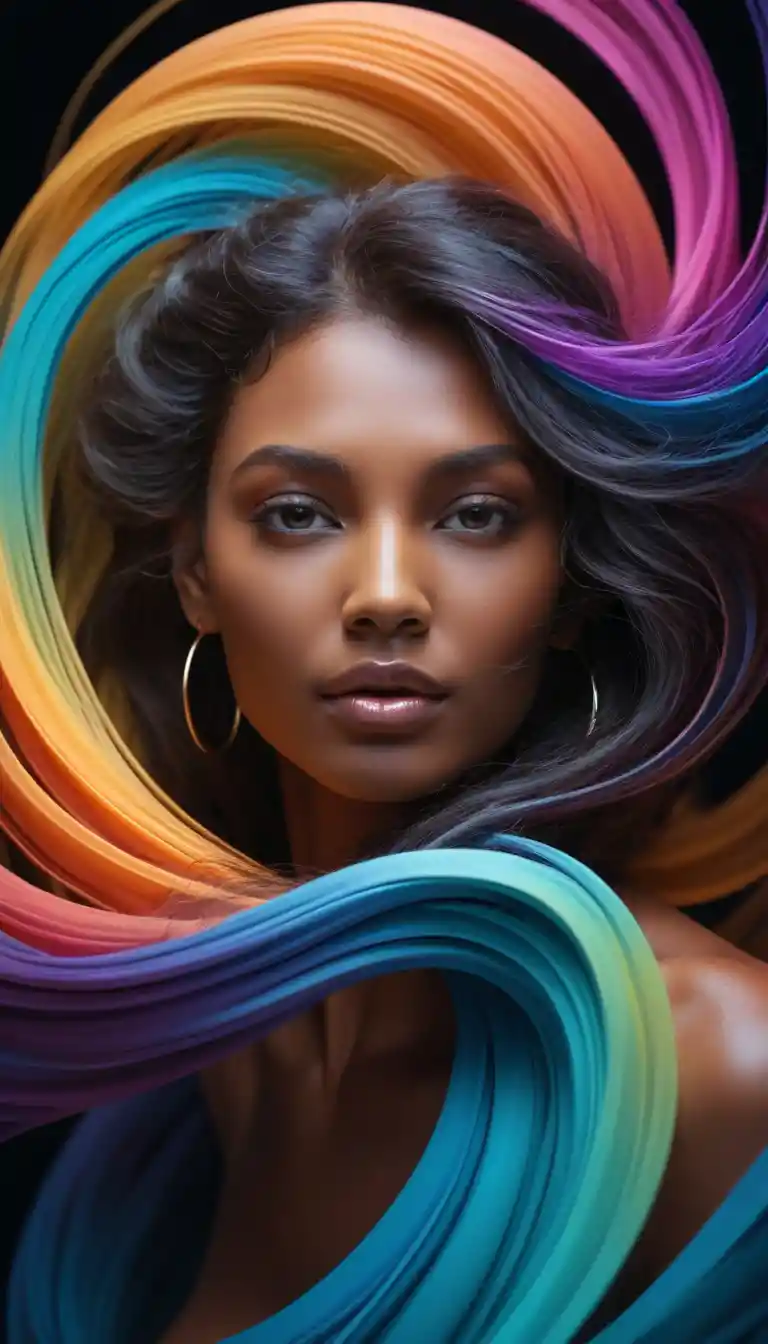 Girl with cosmic colors in flowing gradient background