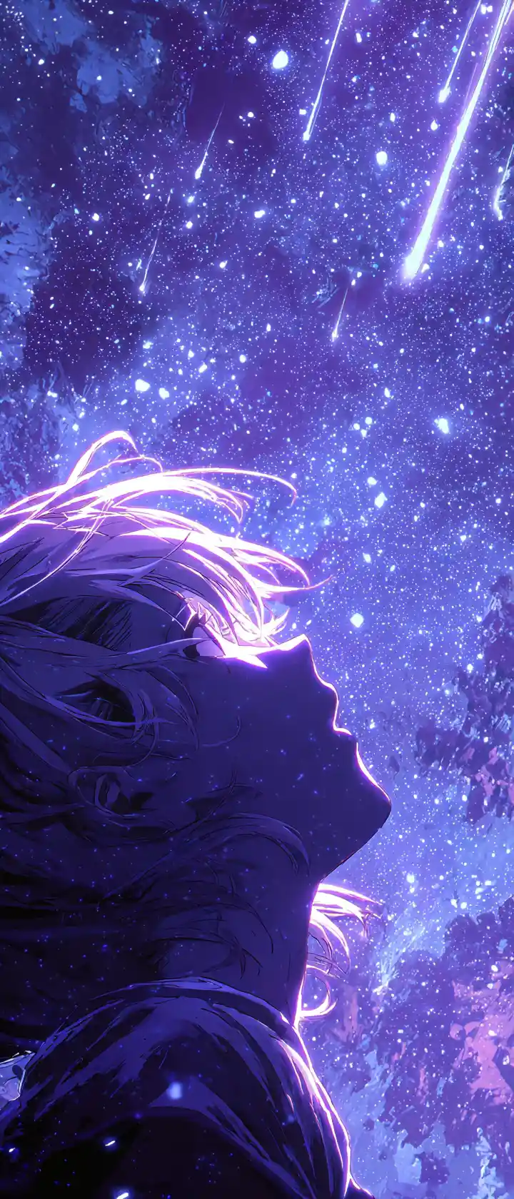 Ethereal anime spirit drifting upside down through cosmic rocket trail