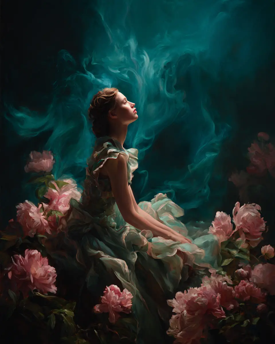 Ethereal Woman Among Peonies In A Surreal Garden