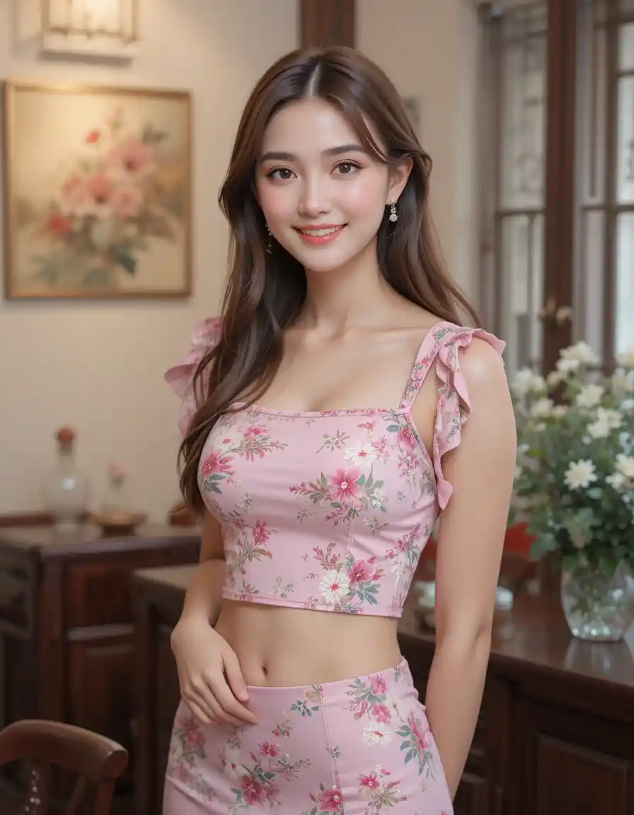 Young woman in pink floral outfit in traditional room