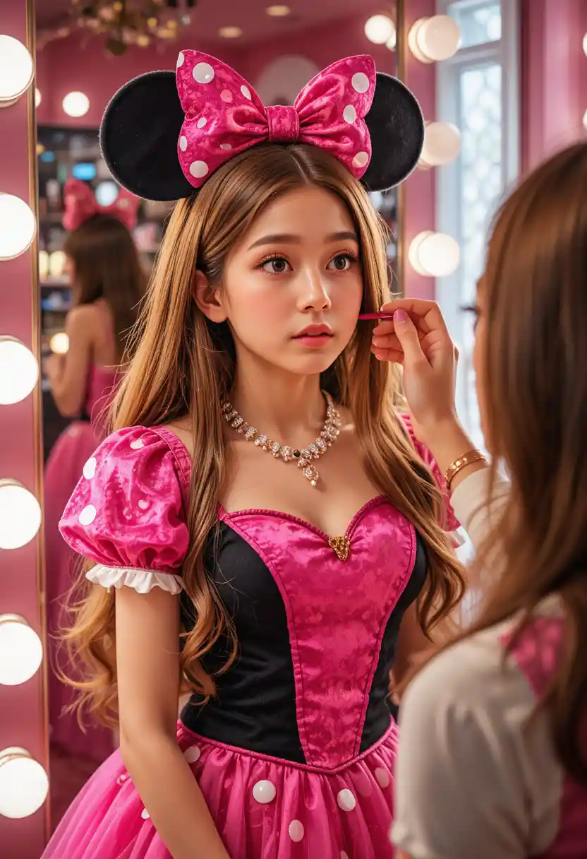Young boy in Minnie dress in boutique dressing room