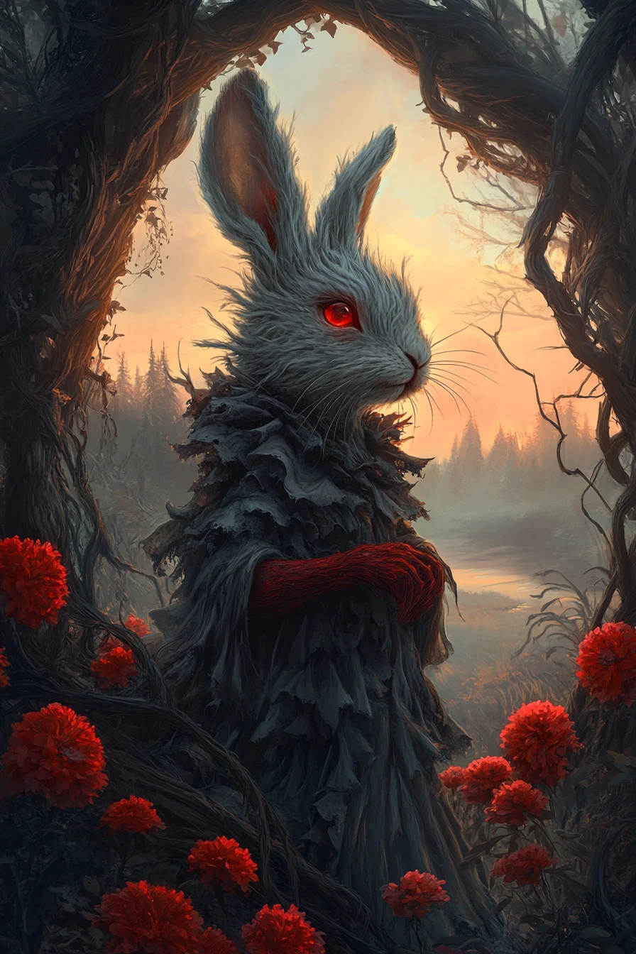 Anthropomorpher Hase auf einer dunklen Fantasy-Lichtung im Wald