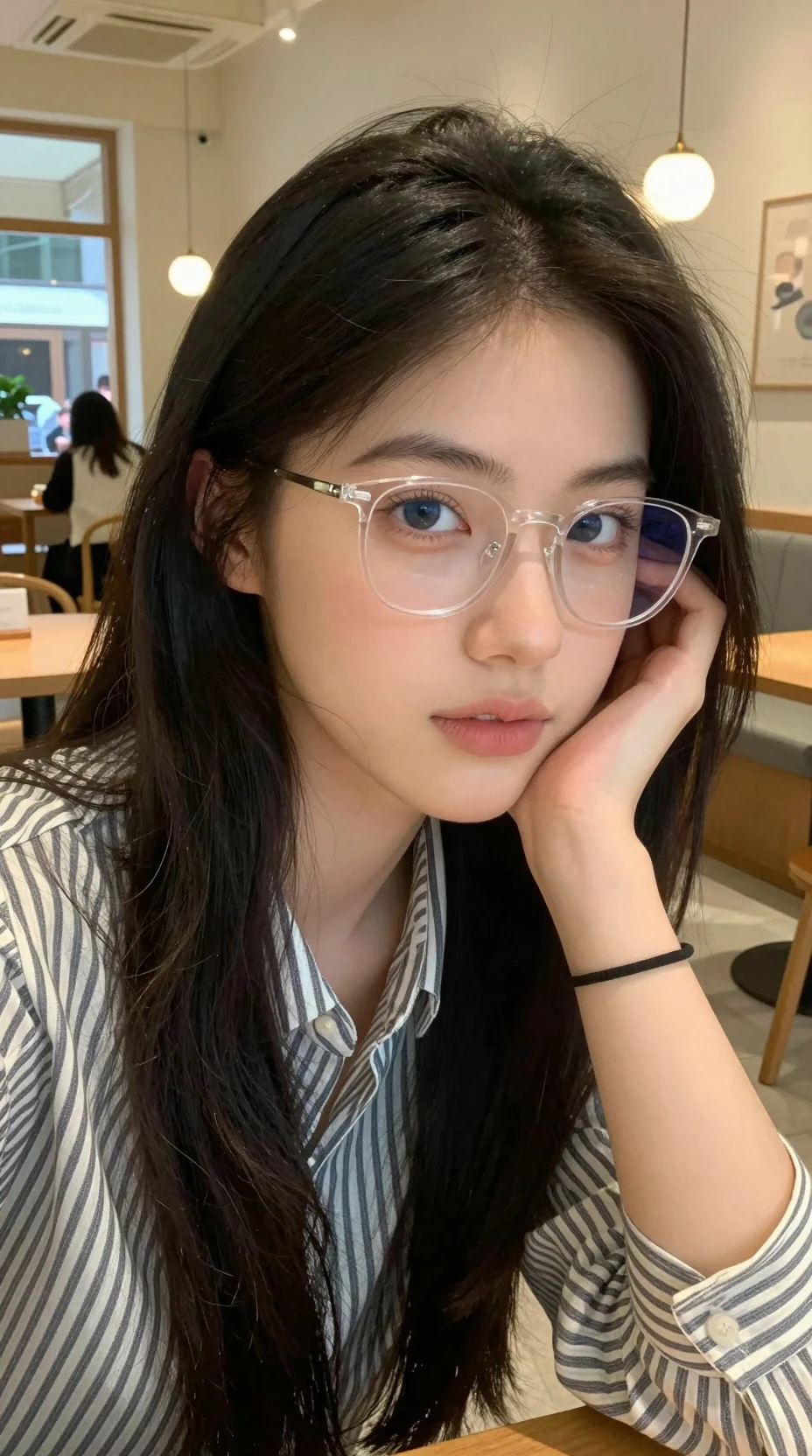 Retrato de mujer joven con gafas en una cafetería acogedora