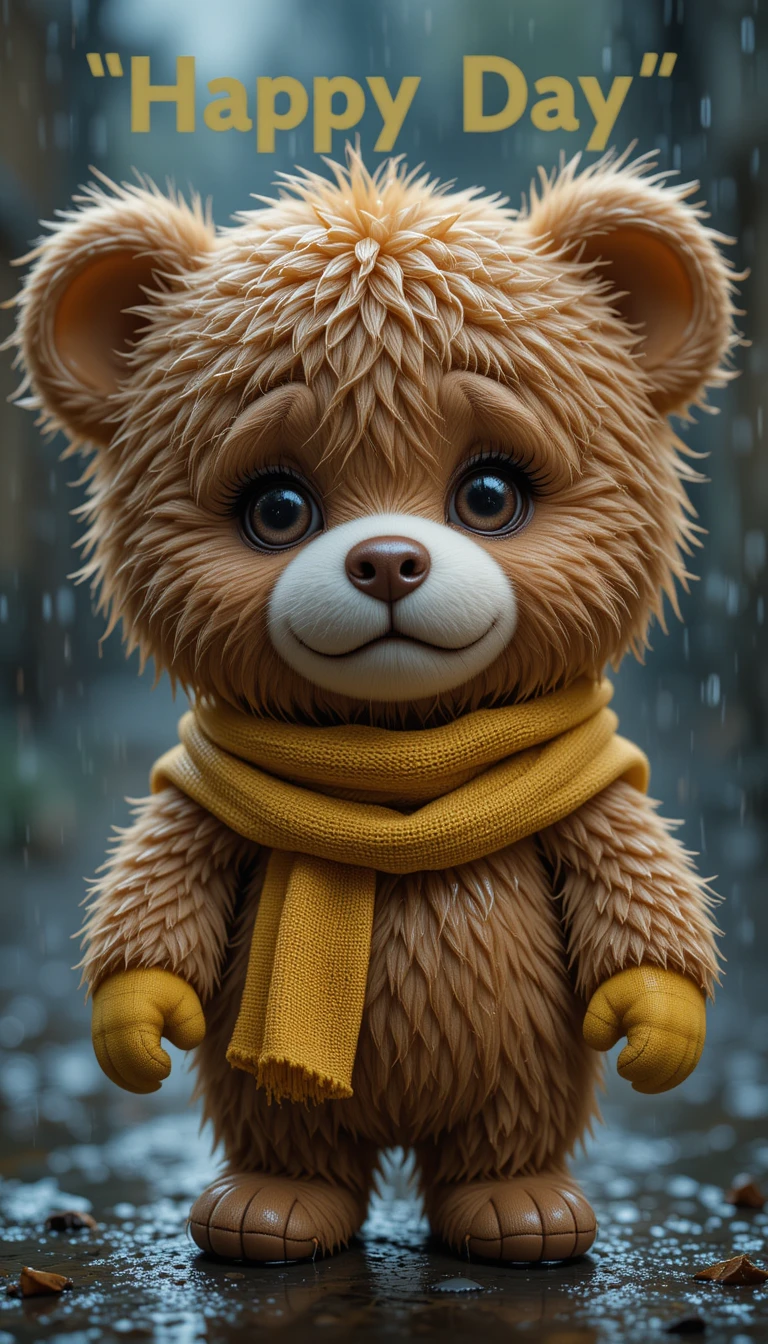 Close up chibi teddy bear with sad eyes in the rain
