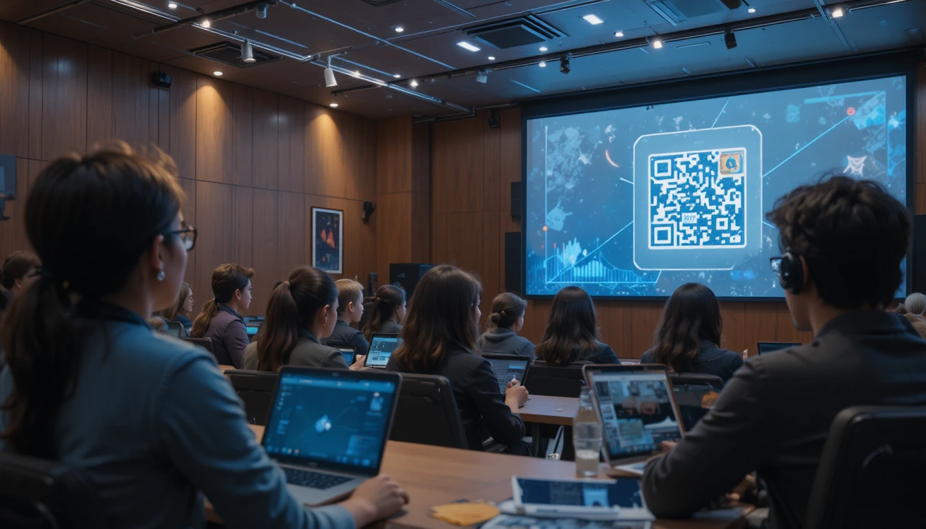 Modern classroom with students using technology and qr code