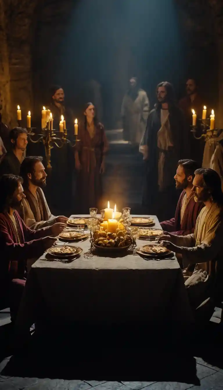 Dramatic last supper moment with light over sacred bread