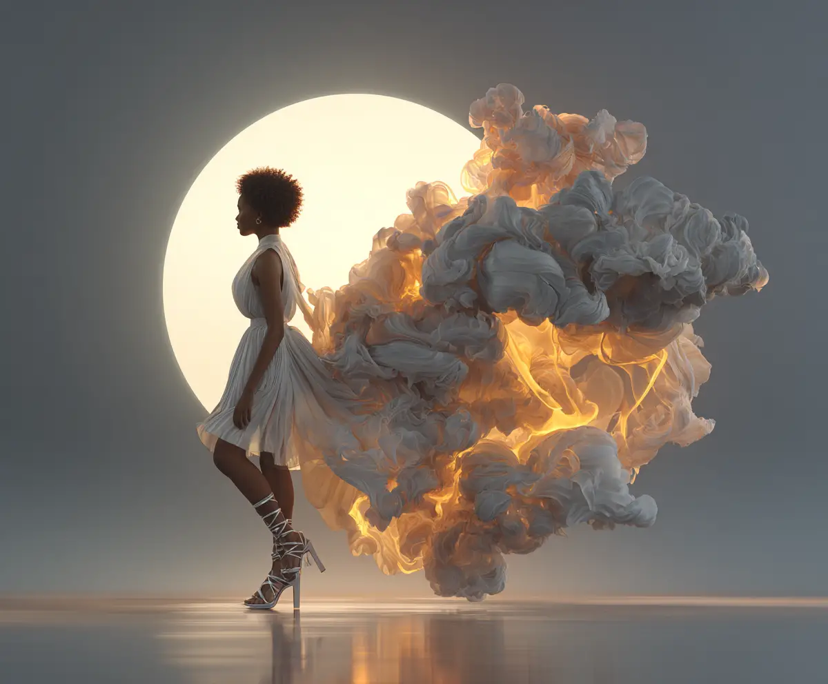 Femme confiante en robe nuage fluide devant un soleil éclatant