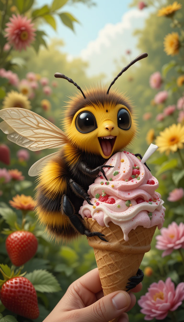 Abeja alegre disfrutando un helado de fresa en un jardín soleado
