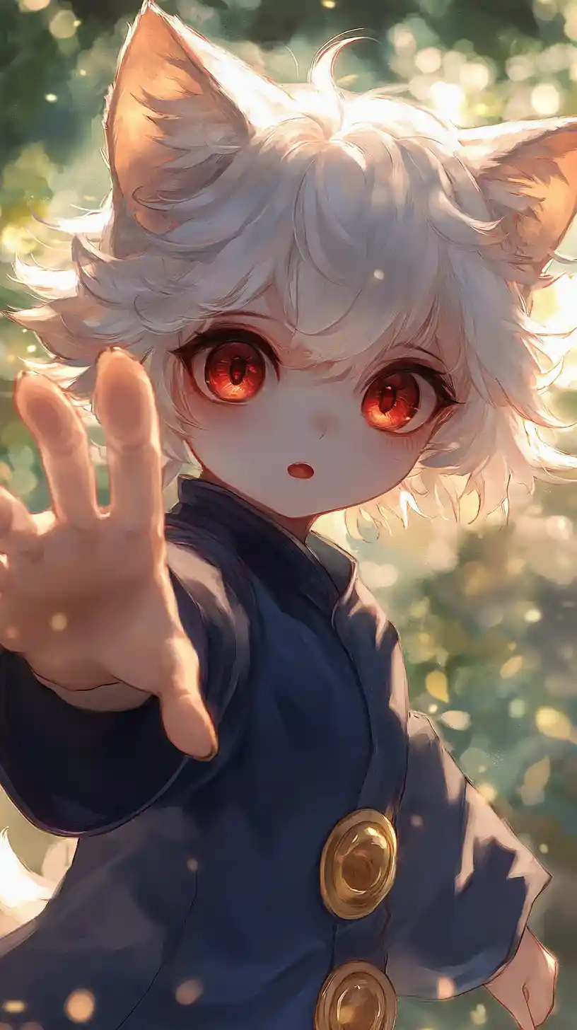 Cute anime girl with cat ears raising her hand
